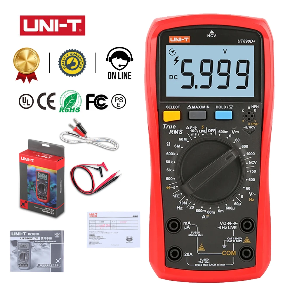 UNI-T Multimeter UT890C UT890D Plus Digital 6000 Counts Electrical Multitester AC DC NCV Capacitor Tester Ammeter Voltmeter B404