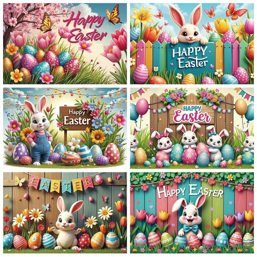 

MOON.QG Easter Wooden Fence Background Photography Bunny Rabbit Eggs Photozone Backdrop Children Photo Studio Photobooth Props