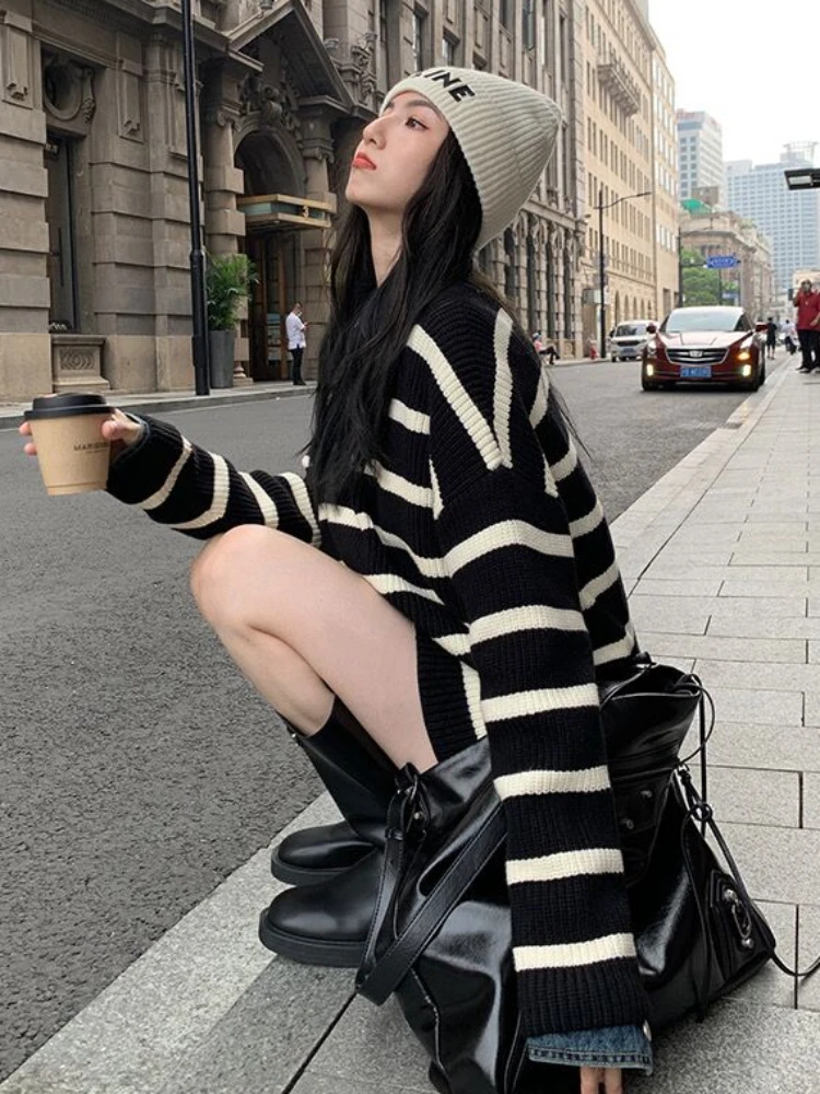 Slouchy Baggy Striped Sweaters Women All-match Casual Stylish Harajuku Japanese Style Knitwear Autumn Hipster High Street Daily