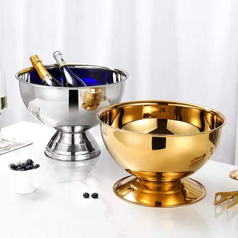 12L Large Stainless Steel Ice Bucket Round Metal Champagne Bowl for Bar KTV Party Beer Wine Chiller Plated Finish Home Decor