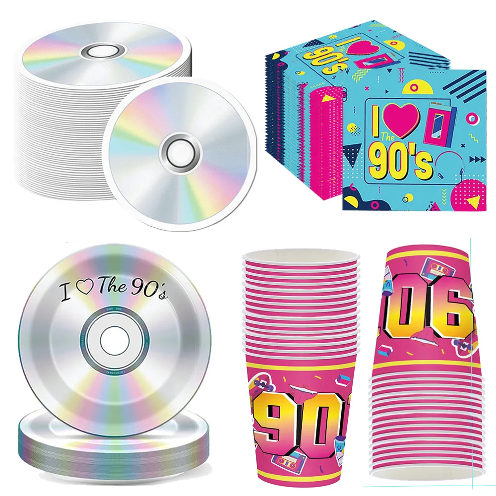 Platos de papel para CD con tema Retro de los años 90, servilletas, tazas, vajilla de los años 90, decoraciones de recuerdo de cumpleaños de Regreso a los años 90 para hombres y mujeres