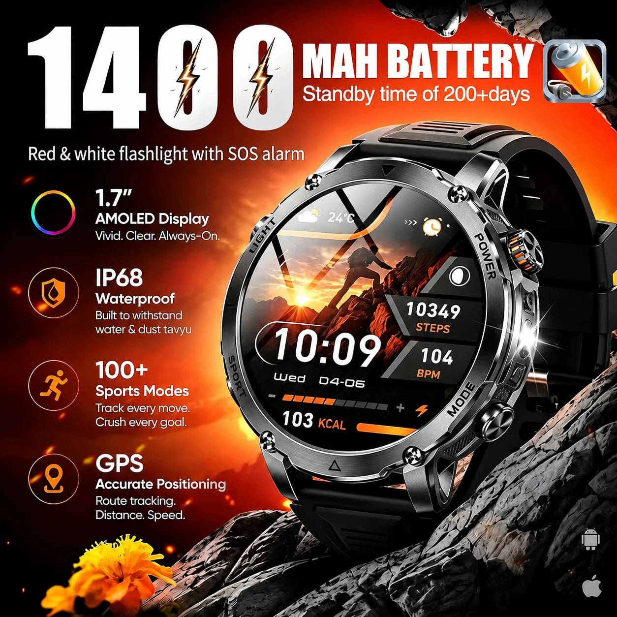 LIGE Nouvelle Montre Intelligente pour Hommes avec Batterie de 1400 mAh, GPS, Lampe Torche, Étanche IP68, Appel Bluetooth, Écran AMOLED, Montre Intell