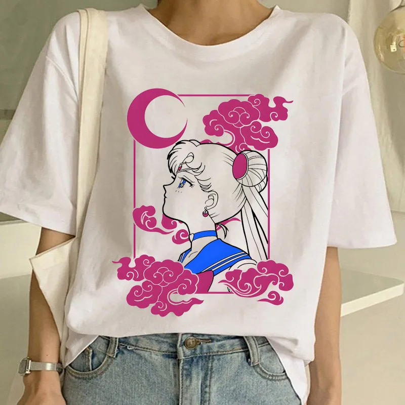 تي شيرت بانداي الأبيض النسائي المحارب المطبوع على طراز الرسوم المتحركة للفتيات، بأكمام قصيرة، كاجوال على الطراز المدرسي،