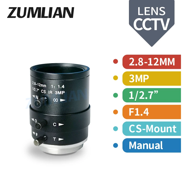 ZUMLIAN-Objectif CCTV avec mise au point varifocale manuelle, objectif 2.8-12mm, 3MP, monture CS, Iris Machine Vision, caméra de sécurité, 1, 1/2 ", F1.4