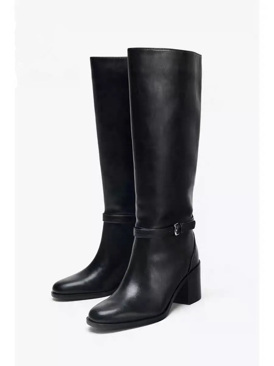 

ZAKQ2025 Winter New Women's Boots round Toe High Heel Faion Boot High Tube Knight Boot Youth Synthetic Leather PU Inner