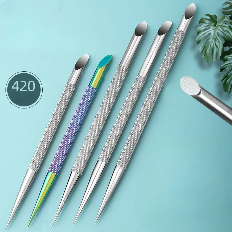 1 Stuk Dubbele Einde Roestvrij Staal Afgeschuinde Stalen Duwer Nagelverwijderaar Dode Huid Pusher Multi-Functionele Nail Art Pen Tool