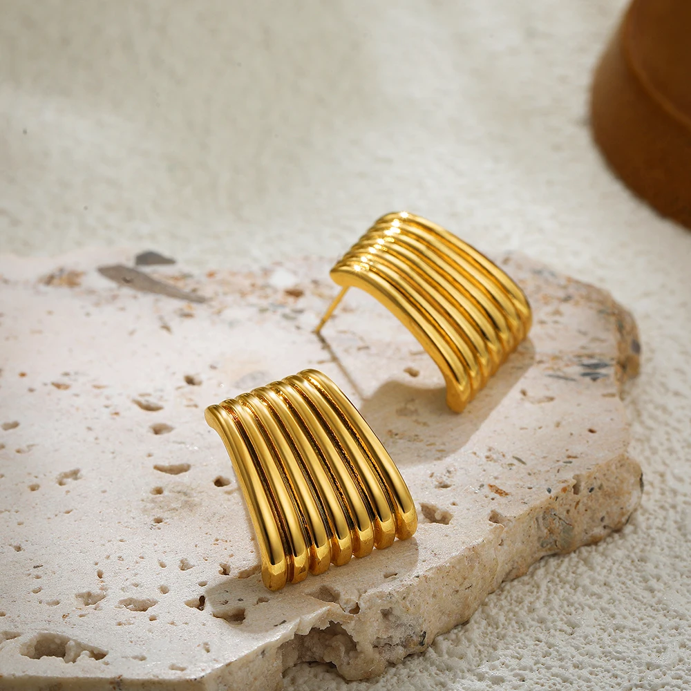 

Vintage Texture Striped Wide Fan-shape Stud Earrings for Women Waterproof Stainless Steel Gold Plated Geometric Designer Jewelry