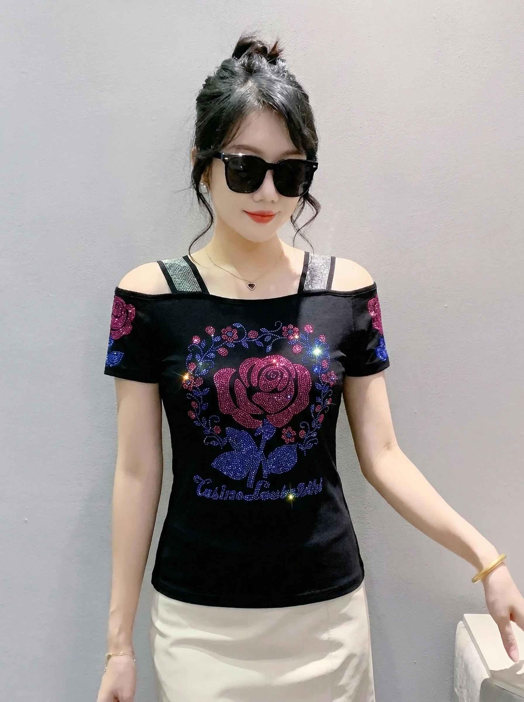 New Designer Hot Diamond Mesh T-Shirt Women Korean Style Sexy Off Shoulder Slim Tee Summer Casual Streetwear Tops