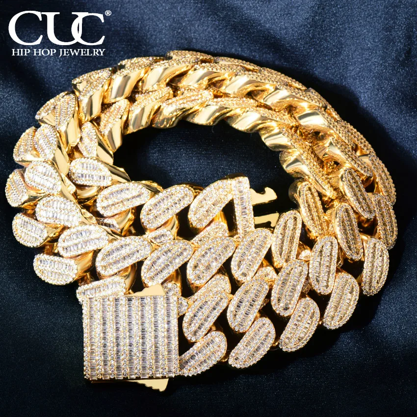 CUC NEW Men Baguette HipHop Necklace 21mm Big Gold Color Cuban Chain Iced Out Zirconia Miami Link Fashion Rock Rapper Jewelry