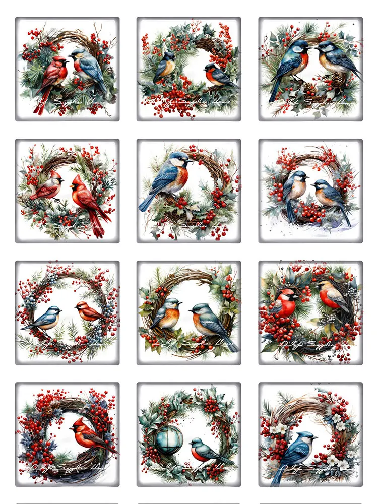 سحر الزجاج كابوشون مربع ، سحر كابوشون ، صنع المجوهرات ديي ، عيد الميلاد س-ماس زوجين الطيور ، ظهر مسطح ، X-ماس ، 10 الكثير