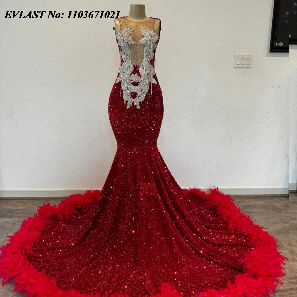 EVLAST Customized Red Sequins Feather Long Prom Dress For Black Girls Crystal Beaded African Formal Party Gala Gown Vestido P112