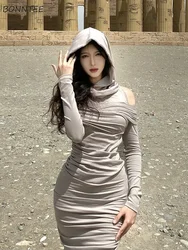 Maxi Dress Women Backless Sexy Greek Style Autumn Graceful Bandage Long-sleeve Hooded Chic Folds Design Vestidos Ladies Princess