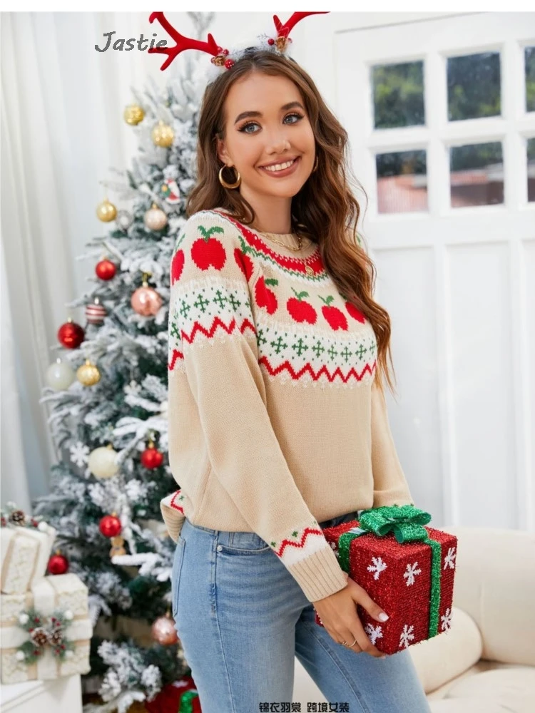 Apple And Geometric Pattern Jacquard Christmas Sweater Fashion Casual Round Neck Knitting Tops Female 2025 New