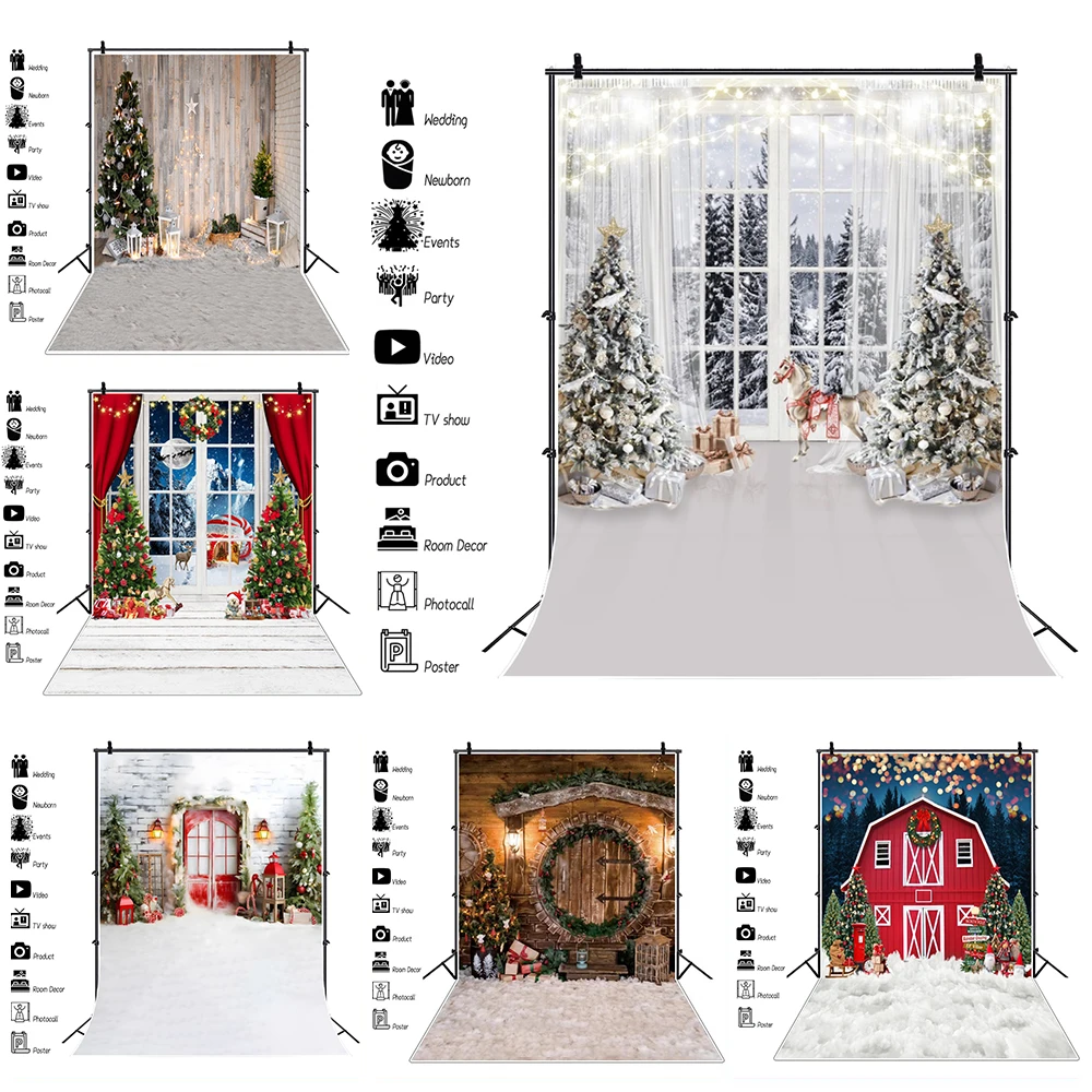 

Christmas Backdrop for Photography Winter Xmas Tree Fireplace Gift Window Wood Floor Baby Portrait Family Party Photo Background