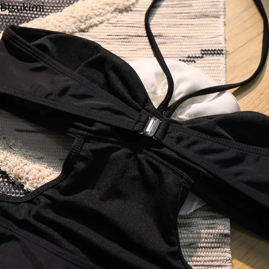 2025 Trajes de baño sexis de una pieza con cordones florales para mujer, traje de baño femenino, trajes de baño Push Up, monos, ropa de playa, Monokini con volantes