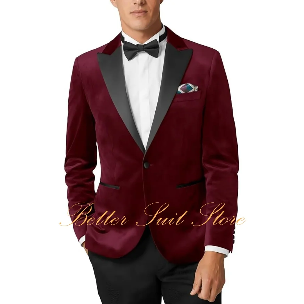 Men Velvet Suit 2 Piece Slim Fit One Button Velvet Jacket Pants Prom Wedding Tuxedo Party Dinner Business Men's Suits