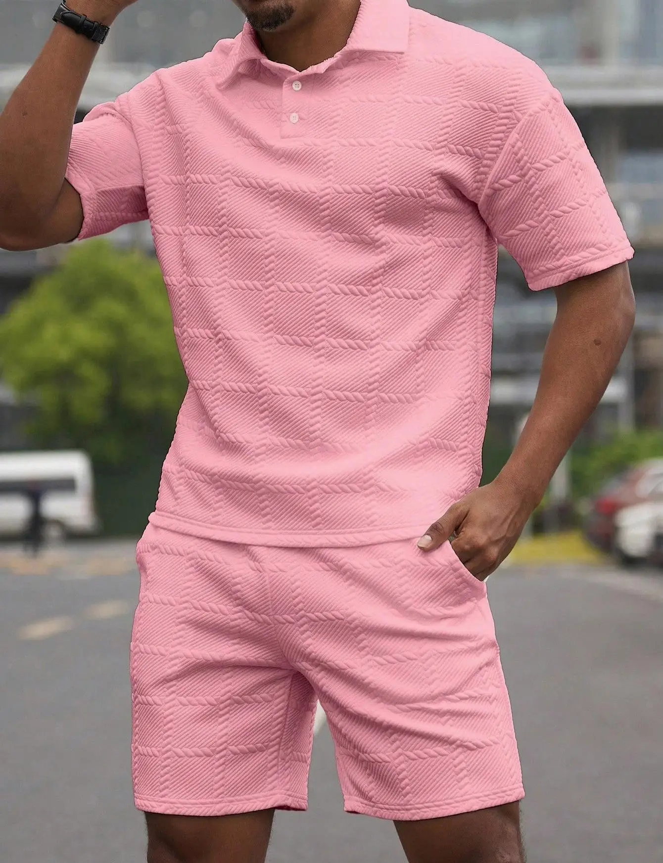 

Men's Summer Heavy-Duty Jacquard Short-Sleeved Shirt And Shorts Set, Lapel T-Shirt, Drawstring Shorts, Exquisite Two-Piece Set