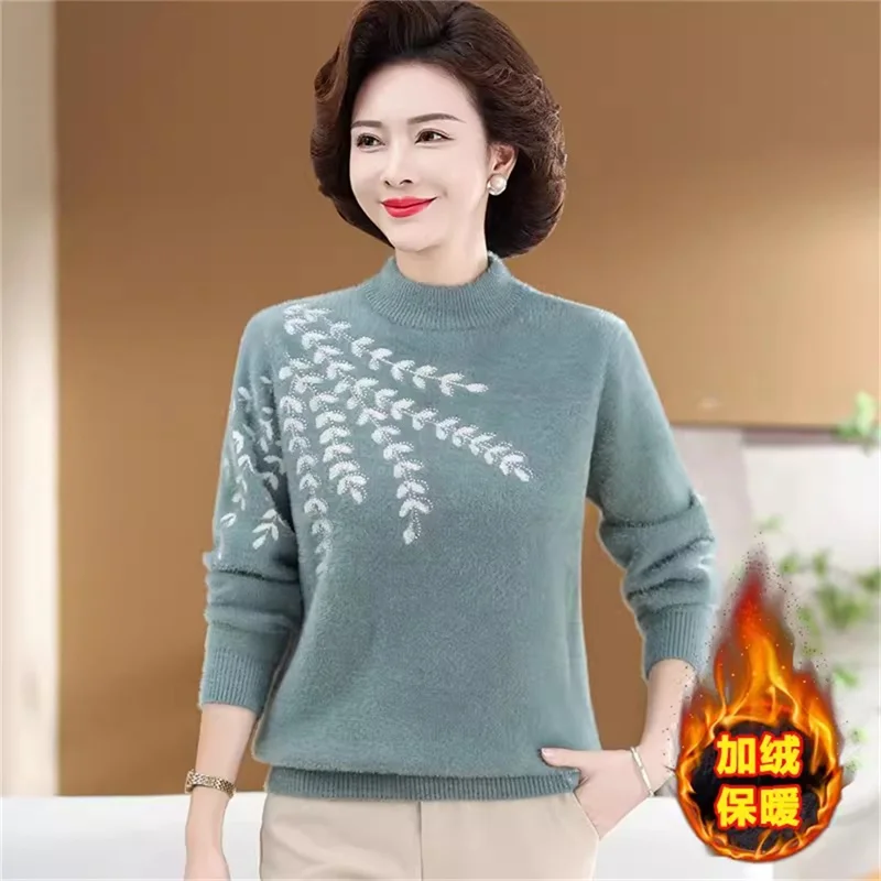 Mom's Winter Outfit With Plush Thick sweater Warm Top Middle-Aged Elderly Women's Autumn All-In-One Plush Knit Sweater Pullover