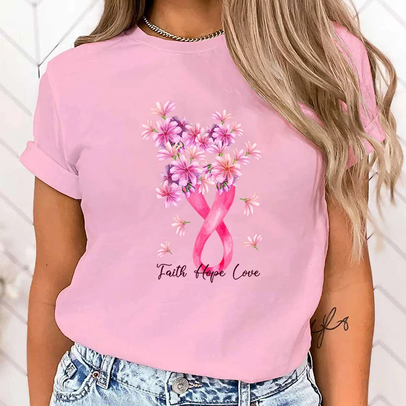 (High Quality Clothes)Breast Cancer Awareness Faith Hope Love Print T Shirt Short Sleeve O Neck Loose Women Summer Cool Tshirt