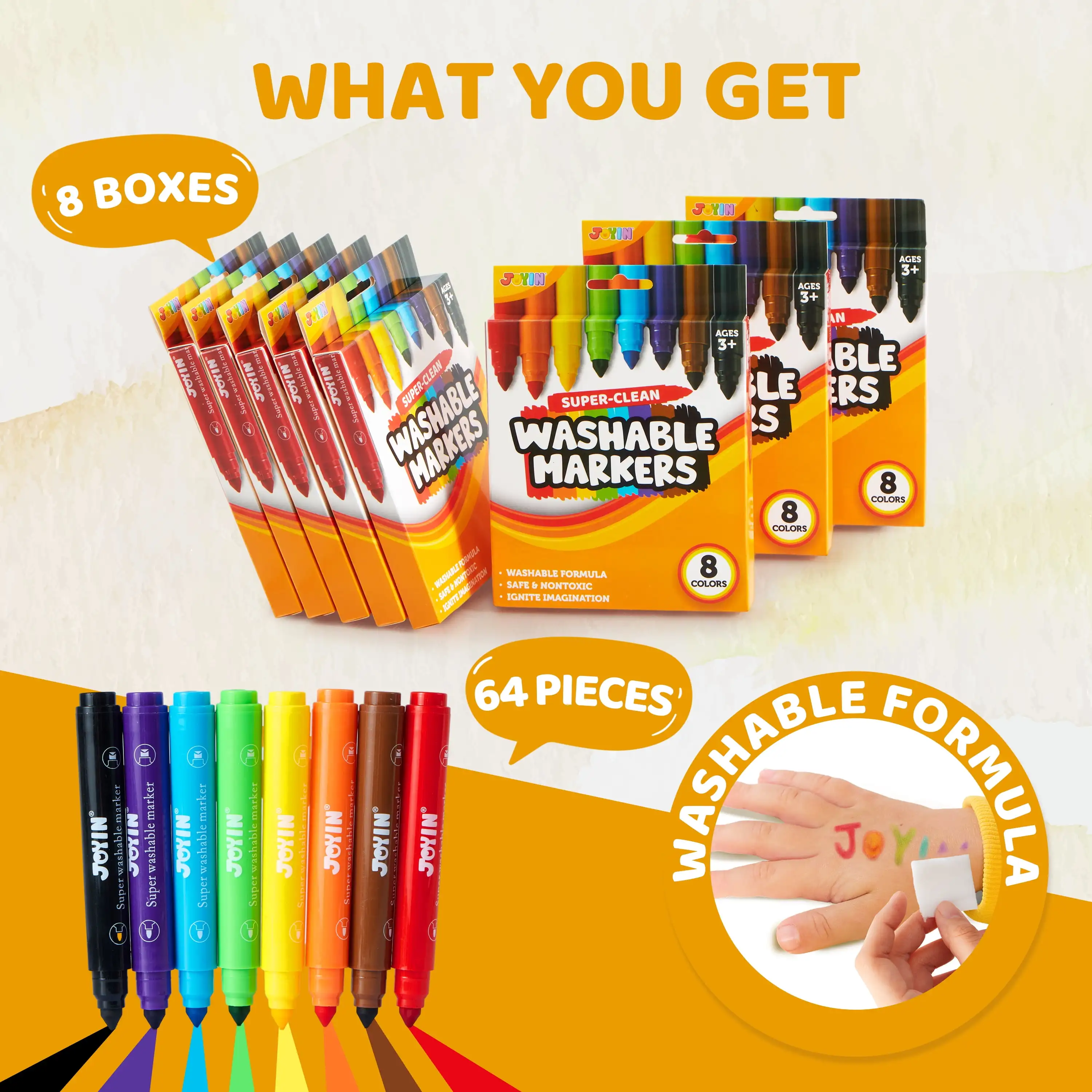 Joyfy marqueur lavable 64 unités 8 boîtes 8 marqueurs de couleur ensemble en vrac pour les activités préscolaires en classe projets artistiques cadeau d'anniversaire