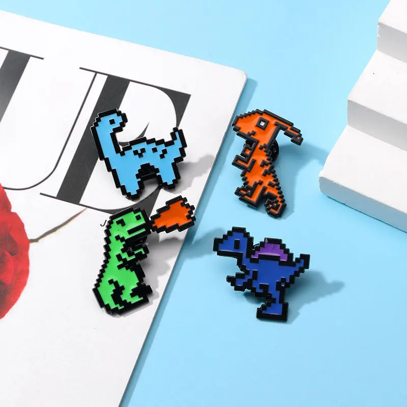 Pixel Dinosaur Enamel Lapel Pins Set Retro 8‑Bit Game Style Colorful Pixel Dino Metal Brooch Badges For Backpack Jacket Denim
