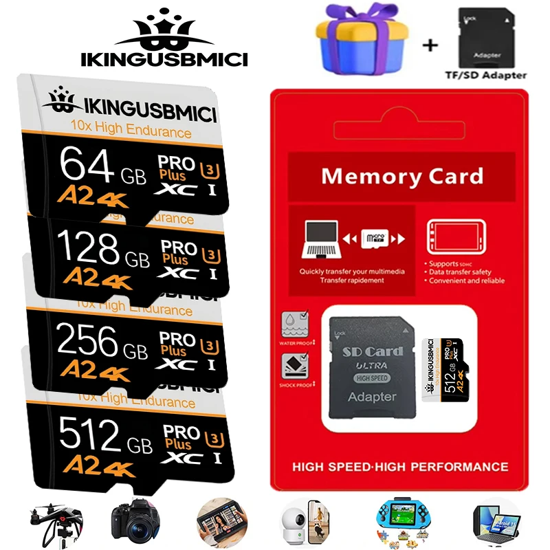 Micro TF Card Memory Card TF Cards SD Cards 32GB 256GB 512GB V30 4K Fast Transfer High Speed Waterproof 4K for Gaming Laptop Mac