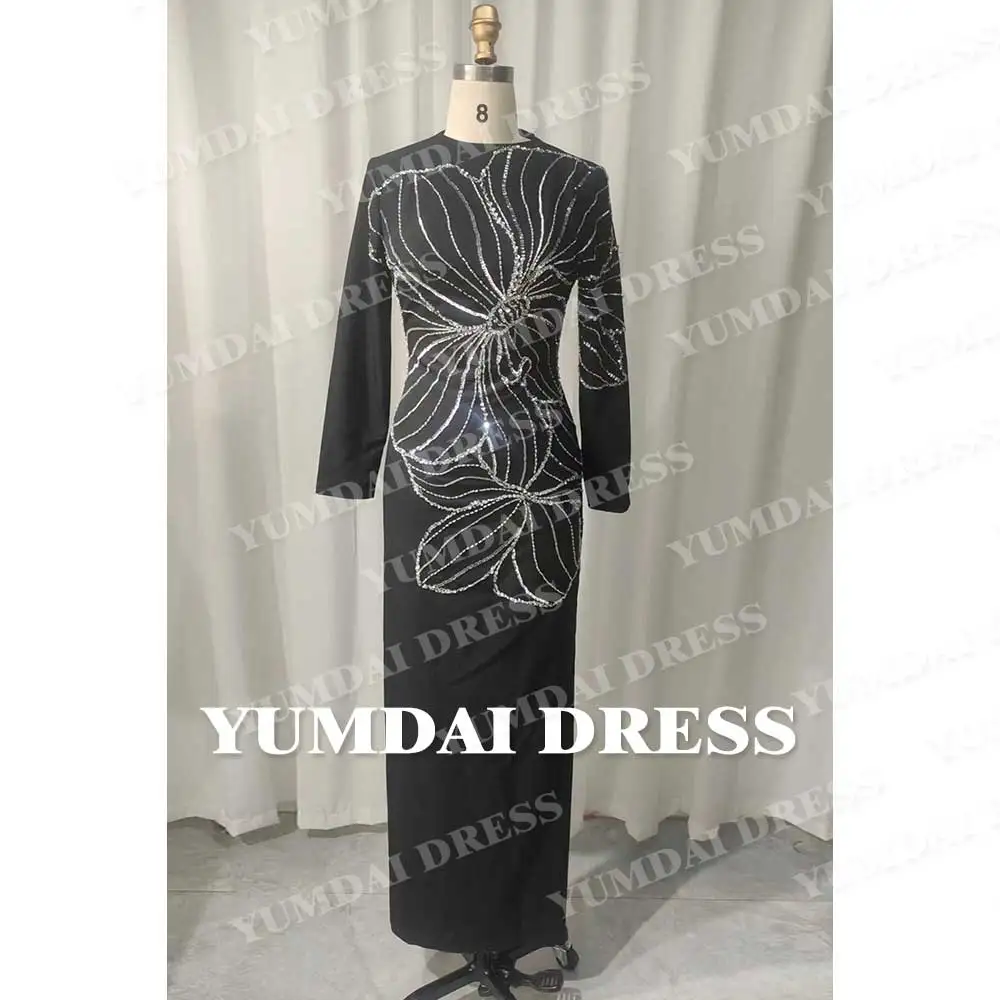 YUMDAI-vestido de fiesta de lujo con diamantes de imitación negros para mujer, vestido de noche Formal de alta gama para actuaciones en escenario, Vestido largo de alta costura 2023