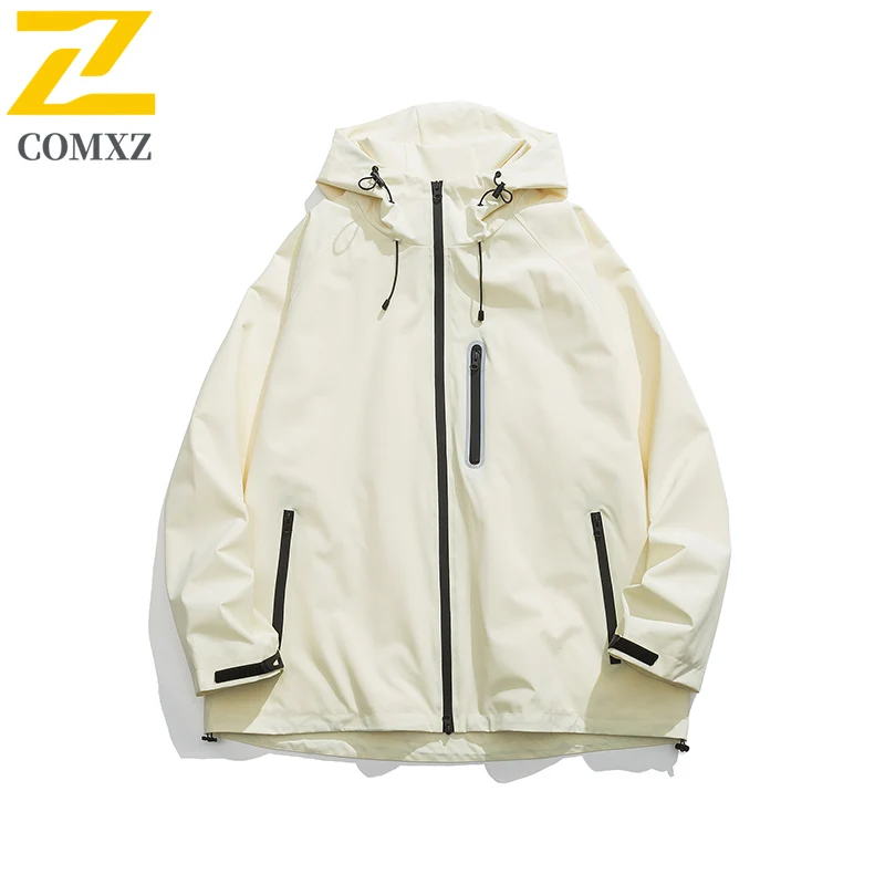 COMXZ Men Outdoor Jacket 2025 Hiking Camping Travel Windproof Waterproof Coat With Hood Lightweight Autumn Adventure Outerwear