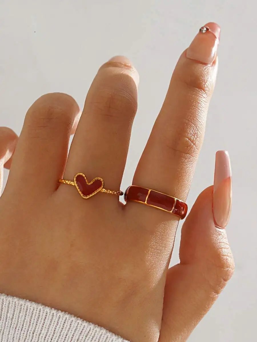 

2pcs Stainless Steel Red Heart And Bamboo Knot Rings Set For Women Daily Wear
