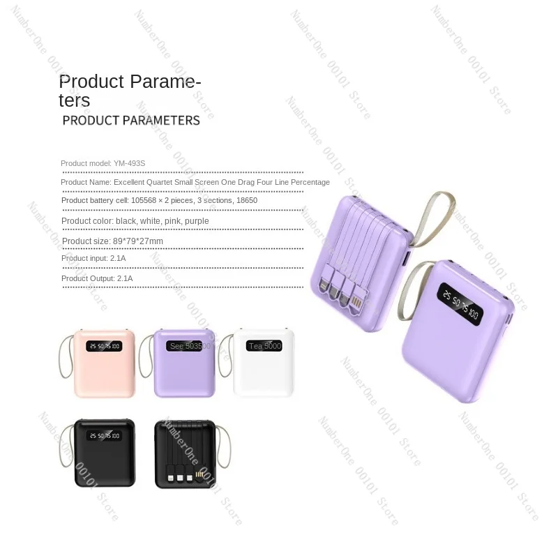 Portable with Cable Power Bank 20000MAh Digital Display Mirror Mobile Power Supply with Lanyard