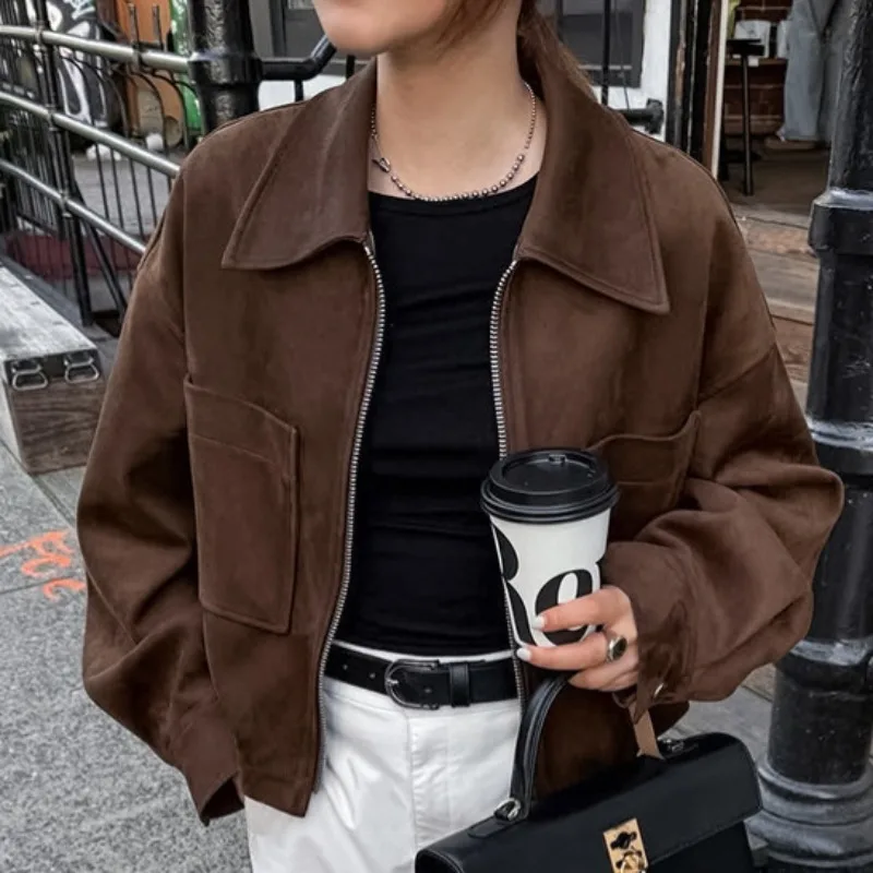 

Talenza Brown Vintage Coats Women Fashion Casual Basic Warm Winter Zipper Jackets New Loose Streetwear 2025 Chic Office Jacket