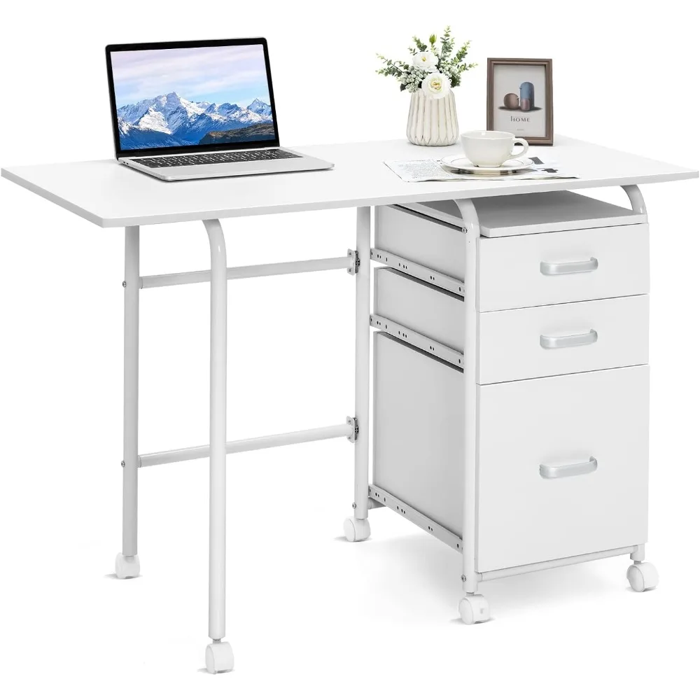 

White Folding Desks with 3 Drawers, Mobile Home Office Desk Study Writing Desk with Smooth Wheels, Space Saving Compact Desk for