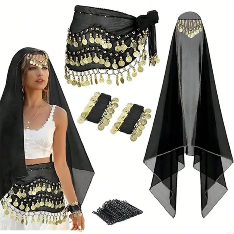 2025 New Belly Dancer Outfit,Head Scarf,Belly Dance Hip Scarf,2 Coin Wrist Bracelets