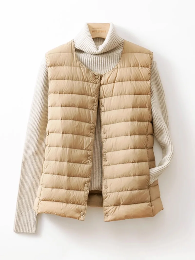 Doublure en duvet sans col pour femme, col en V en émail, veste chaude légère, gilet à col rond, automne et hiver, nouveau