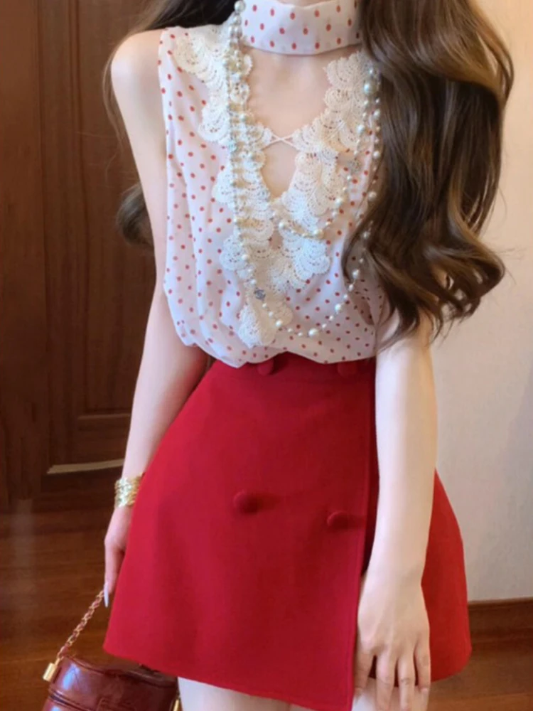 

Summer White Polka Dot Neck Hanging Sleeveless Women's High Waist A-Line Skirt Pure Desire Style Two-Piece Set Short Sleeve Top