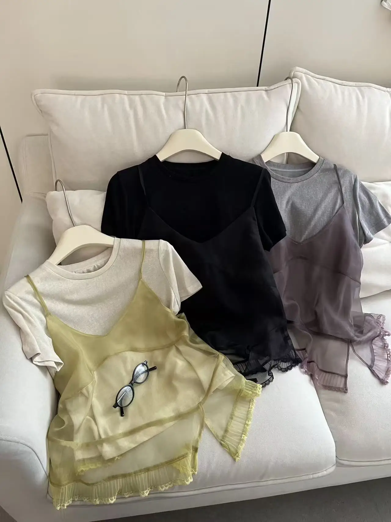 

Sweet And Cool Style Layered Two-Piece Set T-Shirt 2026 Summer Collection Mesh Base T-Shirt Women's INS Fashion Breathable