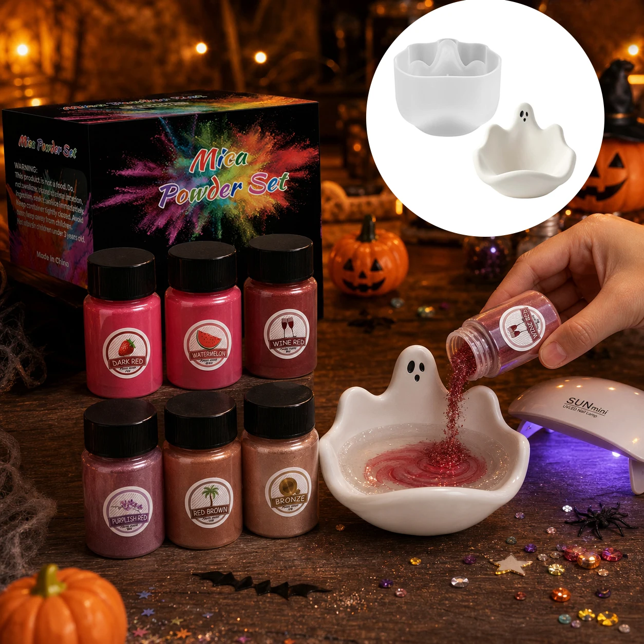 Halloween DIY Resin Craft Kit, 6-Color Mica Powder Set, Silicone Mold for a Ghost-Shaped Trinket Bowl ，Desktop Jewelry Trays