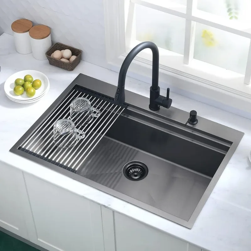 33x22 Drop In Kitchen Sink Black Stainless Steel Topmount Workstation Sink Handmade 16 Gauge Single Bowl Deep Kitchen Sink