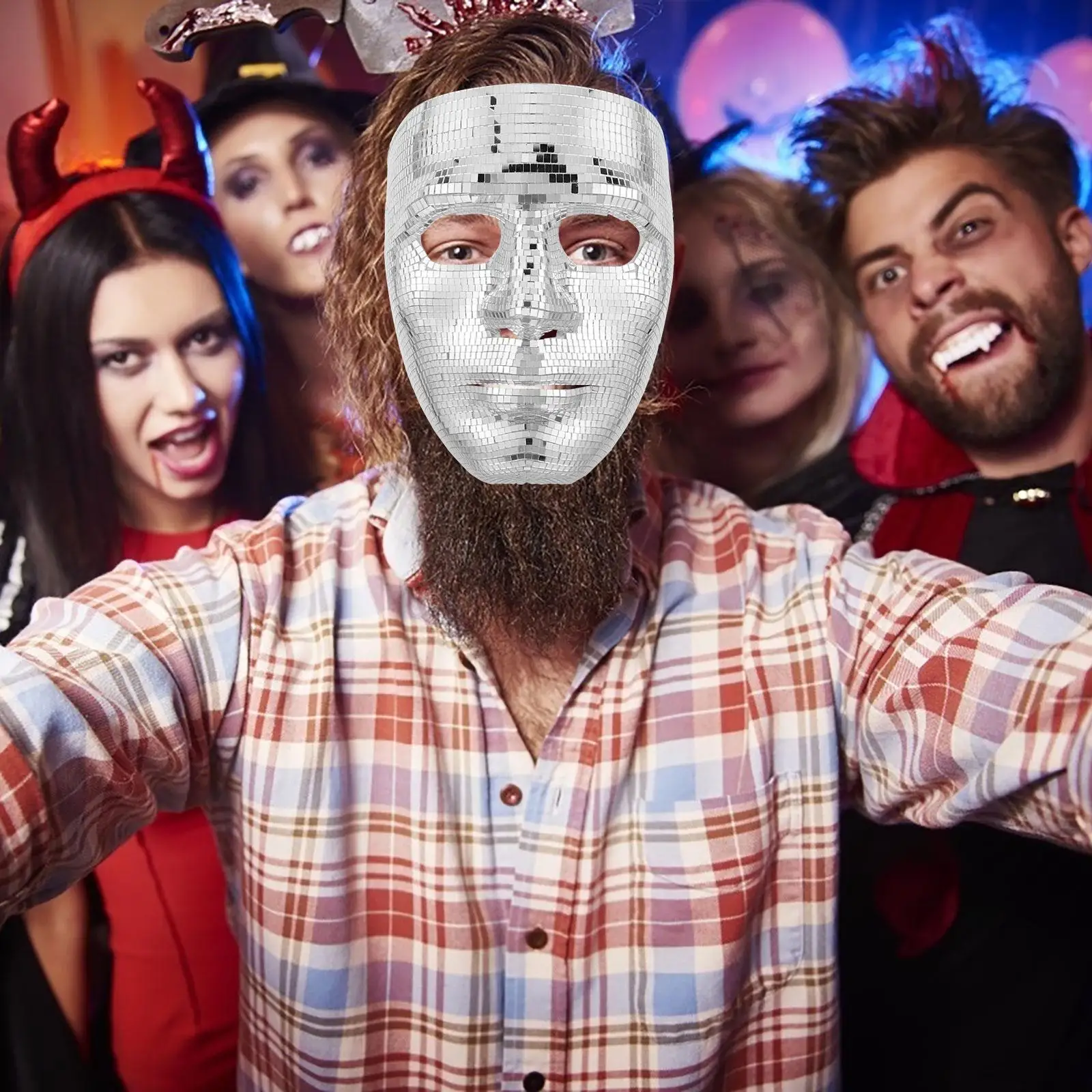 Flash Disco Mirror Face Mask Silver Glitter Ball Blindfold Masquerade Costume Party Full Cover Lightweight Adjustable Strap