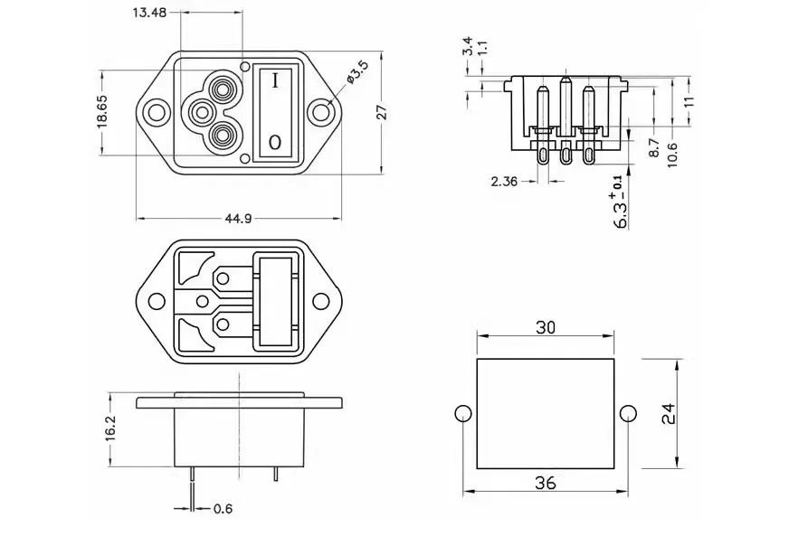 1pcs/lot JR-307R with switch socket C6 dual-function star-shaped AC power socket 2.5A 250V