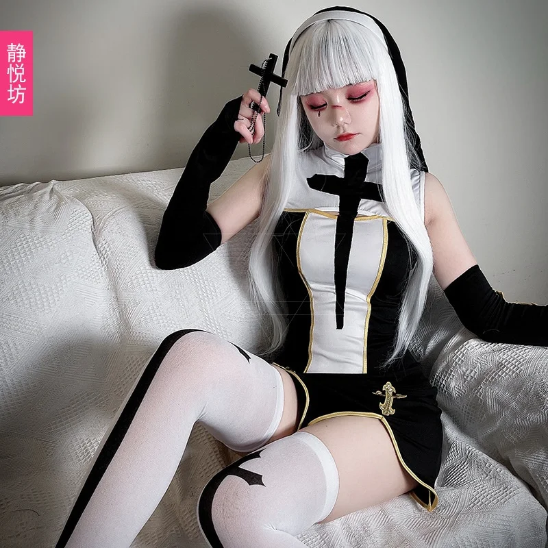 loween Easter Nun Cosplay Costume Stage Performance Suit Cross  Bla Outfit Women's Traditional Ethnic Stage Costume