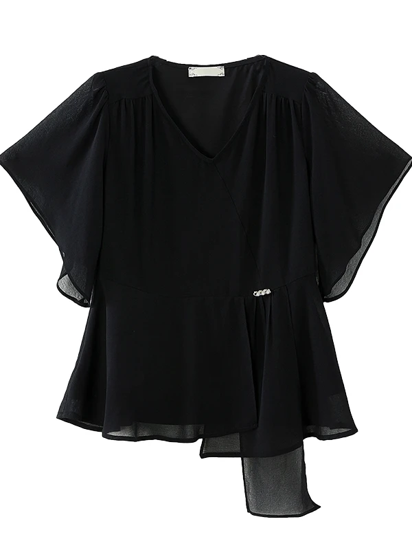 Black V-Neck Batwing Sleeve Chiffon Top Women's Short Sleeve Fashionable Commute Style Korean Version Slim Fit Breathable