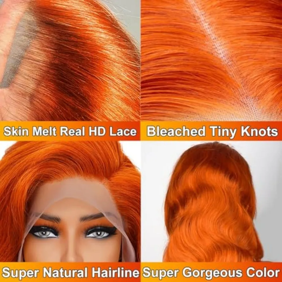 Body Wave Human Hair Wig Ginger Orange 13X6 Hd Lace Frontal Wig 100% Human Hair 250 Density 350 Colored Preplucked Brazilian Wig
