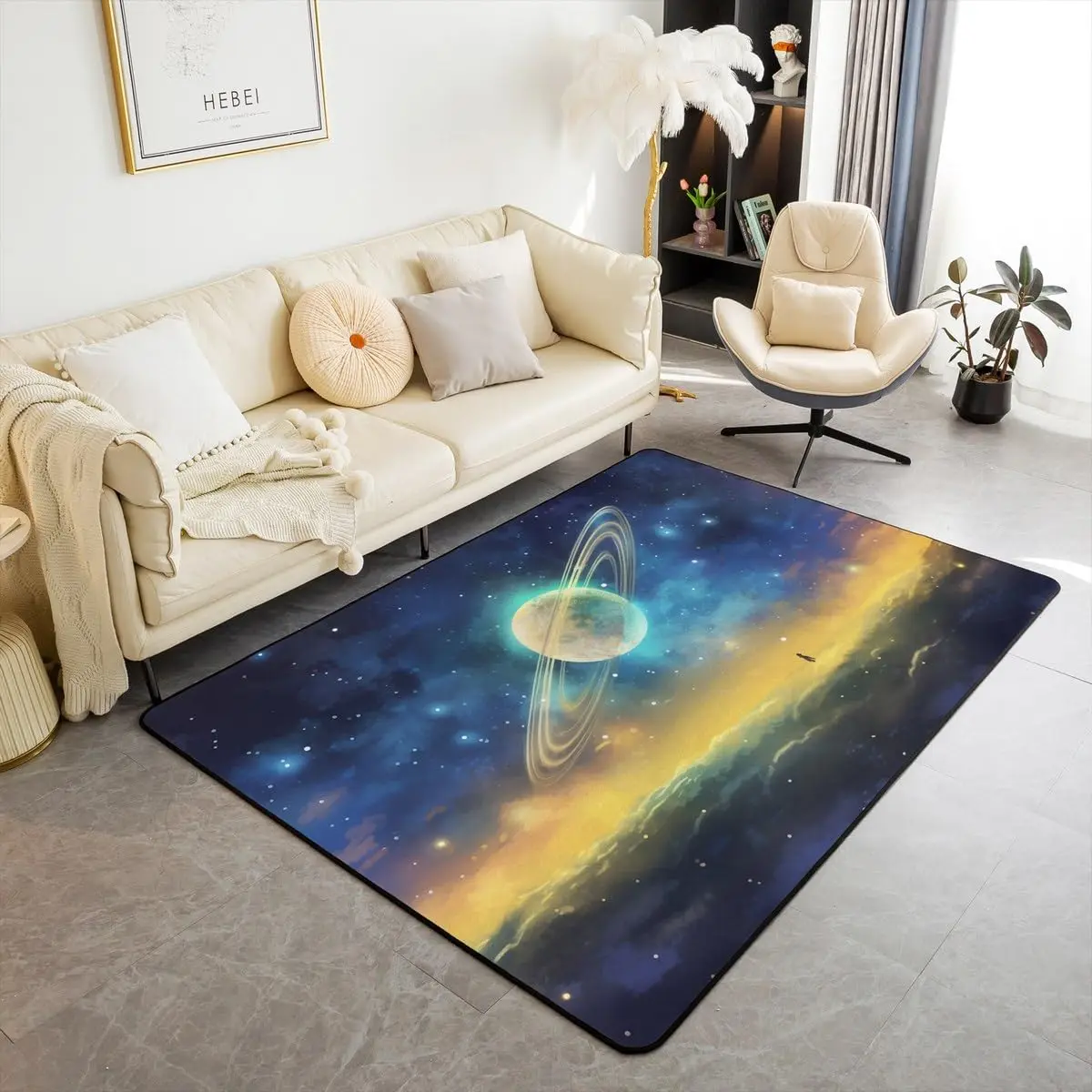 Glowing Planet Carpet Blue Starry Sky Area Rug Outer Space Floor Mat for Boys Fantastic Imagination Indoor Mat Home Room Decor