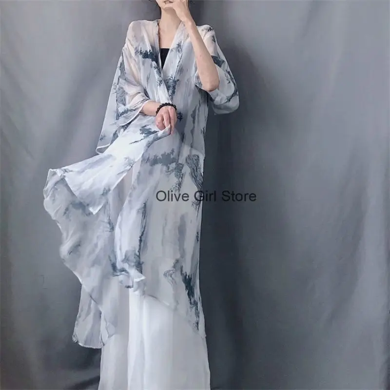 Retro Cardigan Elegant Buttonless Sun Protection Large Coat Ink Painting Loose Wide Sleeved Chiffon Elegant Light Thin Cardigan