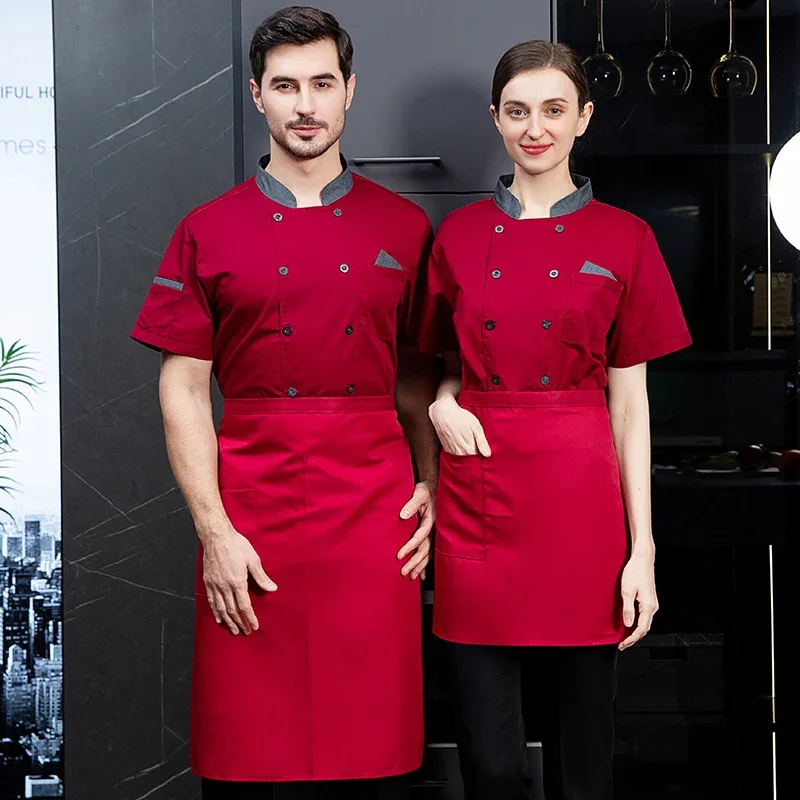 メンズブラックシェフコートロゴ半袖シェフジャケットエプロン付きヘッドシェフユニフォームサマーホテルキッチン衣装クッキングクローズロゴ