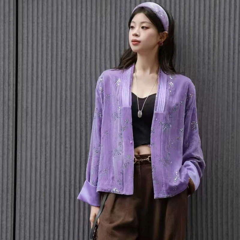 Spring and Autumn New Exclusive Custom Silk + Velvet Fabric Exquisite Sequin Embroidery Fashionable Loose Jacket For Women S-XL