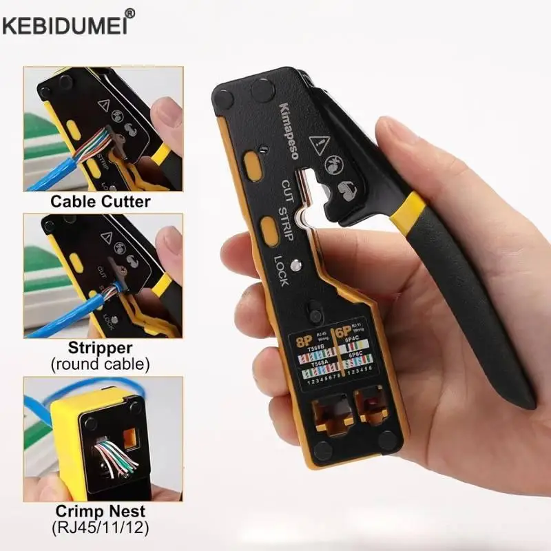 أداة تجعيد RJ45 تمر من خلال أداة تجعيد إيثرنت لـ Cat6 Cat5 Cat5e RJ45 موصلات سلك متجرد كابل العقص كماشة