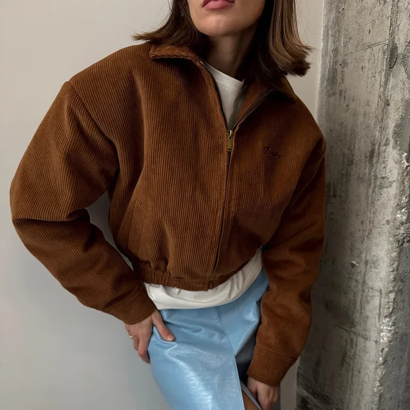

2025 Autumn New Style Lapel Jacket for Women Simple and Trendy Corduroy Zipper Jacket