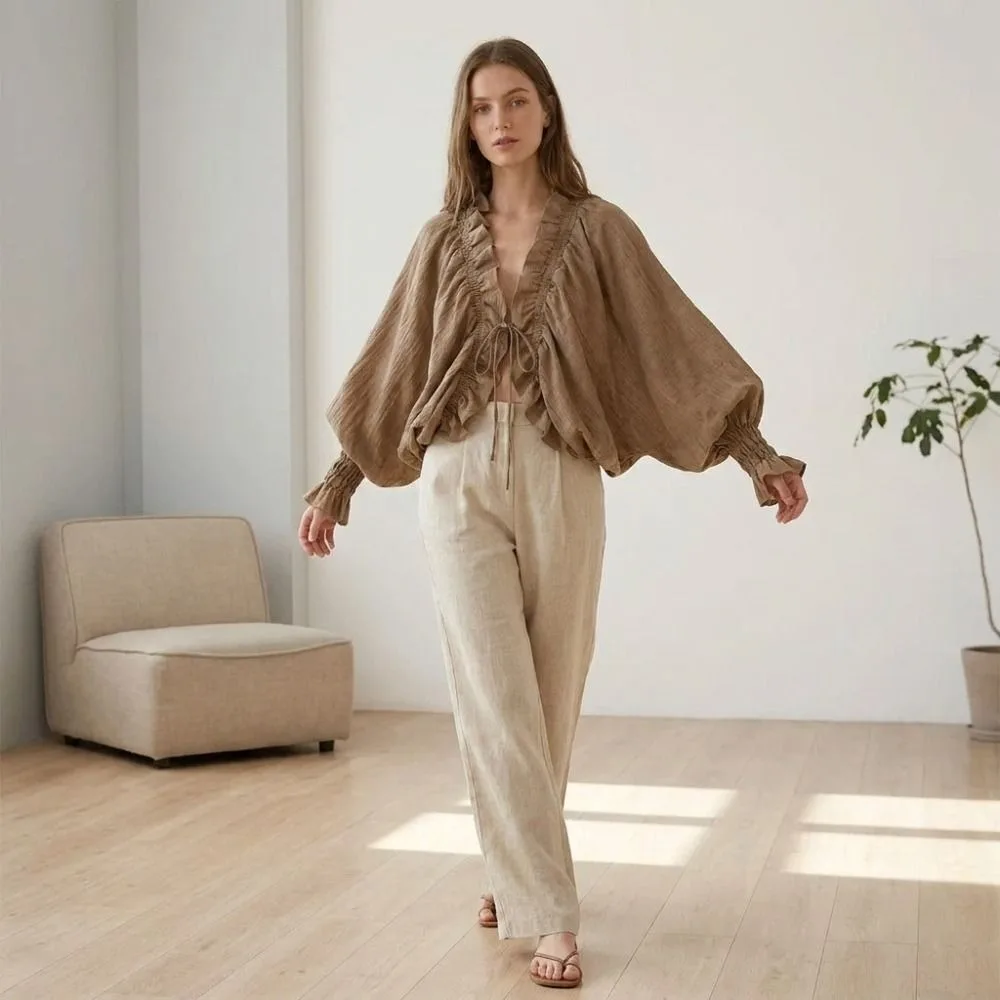 Lace-up Chic Ruffle Blouse Loose Tie Front Batwing Long Sleeve Blouse Drawstring V-Neck Lantern Sleeve Chiffon Shirt Daily Wear